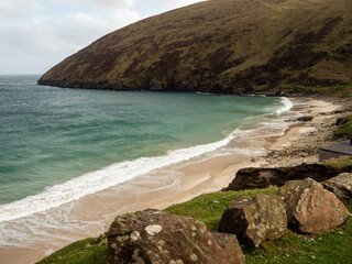 Amazing Keem bay and beach nature scenery. Landmark area in county Mayo, Ireland. Popular travel...