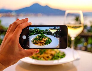 Nudelgericht welches mit einem Smartphone fotografiert wird