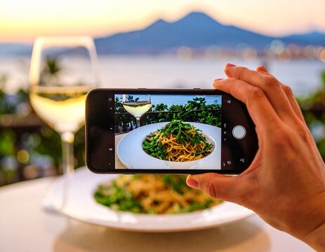 Nudelgericht welches mit einem Smartphone fotografiert wird