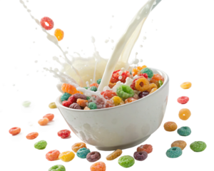 Colorful cereal and milk splash explosion in bowl, isolated PNG transparent background