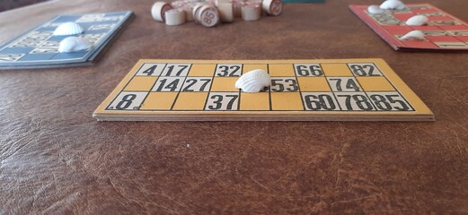 Close-up of a yellow lottery card with a white seashell marking a number, highlighting the...