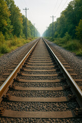 Fototapeta premium Straight Railway Tracks Through Lush Forest Perspective