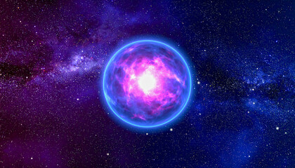 Fototapeta premium Bright Pink and Blue Sci-Fi Planet with Nebula Background