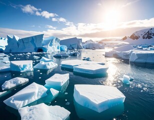 Viele abgebrochene Eisberge schwimmen im Polarmeer