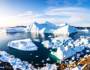 Viele abgebrochene Eisberge schwimmen im Polarmeer