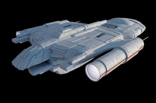 Outer Space Gunship with White and Orange Colour Scheme on Black Background - Rear View, 3d digitally rendered science fiction illustration