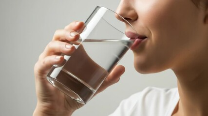 Young caucasian woman is drinking fresh clean water from glass. Hydration and healthy lifetyle concept close up video footage. - Powered by Adobe