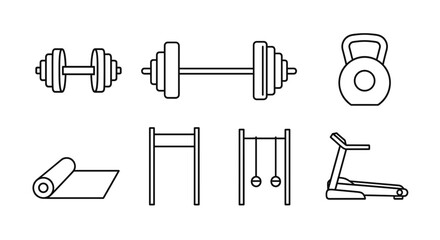 Outlined fitness equipment showcasing dumbbells kettlebell mat pull up bar and treadmill icons isolated