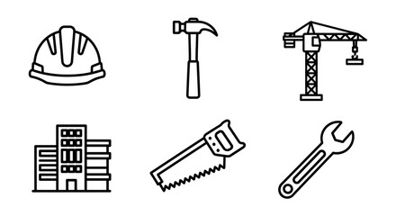 Fototapeta premium Outlined construction icons featuring a helmet, hammer, crane, building, saw, and wrench tools
