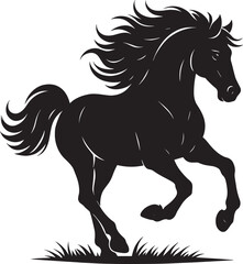 Powerful black silhouette of a galloping horse.