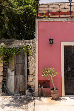 Traditional Yucatan architectural elements in Mexico - pink wall, stone, and potted plants.