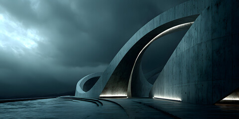 Curved concrete structures rise against a dark background, showcasing modern architectural design