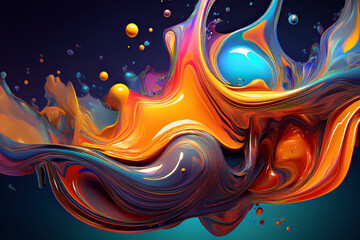 Abstract Panoramic Banner of a Dynamic Liquid Art Flow, Vibrant 3D Background with a Mix of Orange and Blue Colors