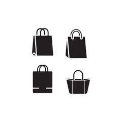 Four Different Shopping Bags in Simple Silhouette Design.This image features four different types of shopping bags in a simple, solid black silhouette against a white background.