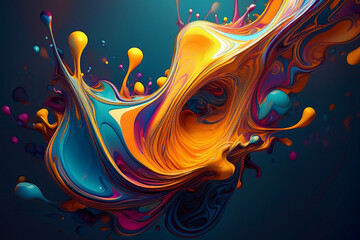 Dynamic Abstract Swirl of Colorful Liquid Paint, 3D Fluid Art Background with Vibrant Neon and Iridescent Tones
