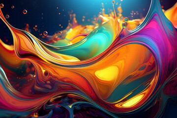 Dynamic Abstract Swirl of Colorful Liquid Paint, 3D Fluid Art Background with Vibrant Neon and Iridescent Tones