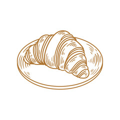 Original hand-drawn illustrations of a croissant on a plate in a minimalist, linear style. Ideal for posters, bakeries, cafe menus, and graphic design.
