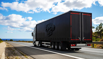 Black Cargo Truck with Skull Emblem Driving on Highway AI Generated