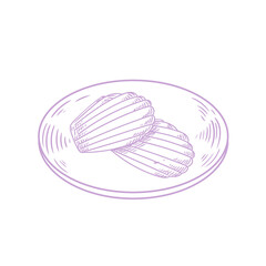 Original hand-drawn illustrations of a Madeleine on a plate in a minimalist, linear style. Ideal for posters, bakeries, cafe menus, and graphic design.