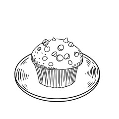 Original illustrations of a chocolate muffin on a plate, hand-drawn in a minimalist, linear style. Ideal for posters, bakeries, cafe menus, and graphic design.