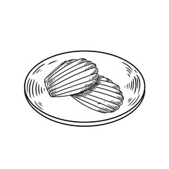 Original hand-drawn illustrations of a Madeleine on a plate in a minimalist, linear style. Ideal for posters, bakeries, cafe menus, and graphic design.