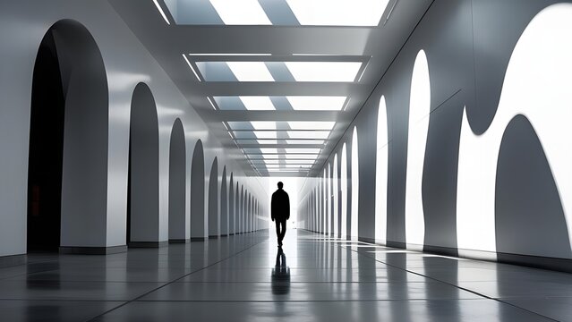 Silhouettes of people walking in a dimly lit corridor in a modern building