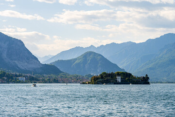 The wonderful isles of lago maggiore with mountains in the background at daylight