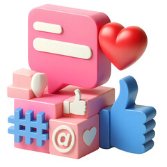 3d social media icons like heart thumbs up message hashtag and at symbol isolated on transparent background