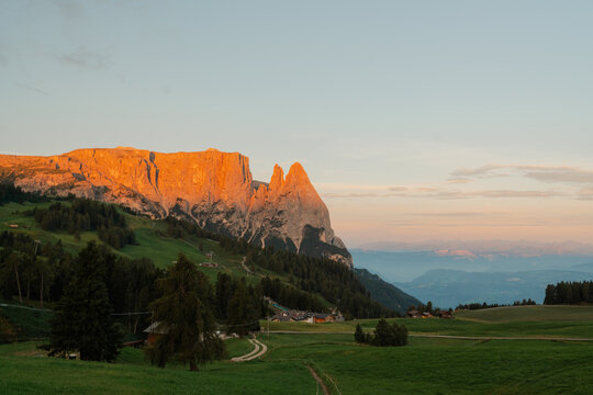 Scenic view of Alpe di Siusi in Dolomites at sunset 