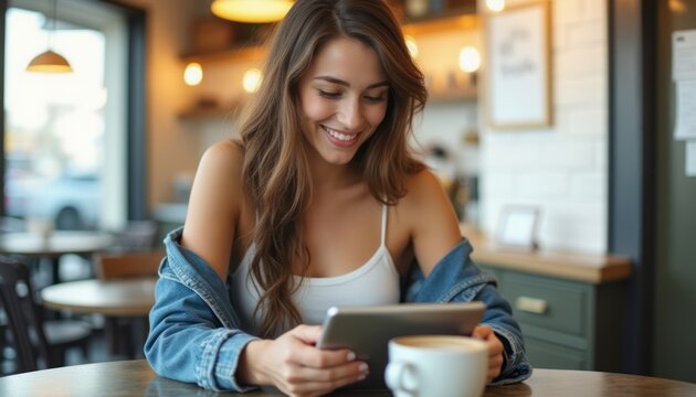 Smiling woman enjoying coffee while using a tablet