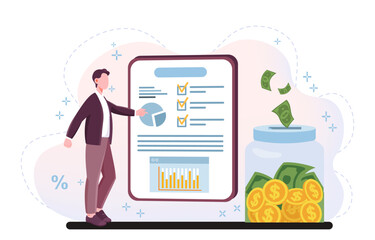 Analysis financial activities. Man near statistics and banks with banknotes and coins. Financial literacy and income and expense assessment. Investor or entrepreneur. Flat vector illustration