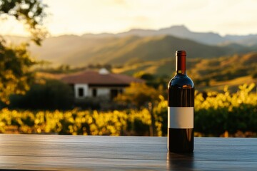Fototapeta premium Wine bottle mockup on table with vineyard and Chilean landscape in background during golden sunset