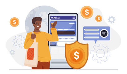 Credit card payment concept. Woman near smartphone with bank card. Cashless transfers and transactions. Electronic wallet. Online shopping. Flat vector illustration