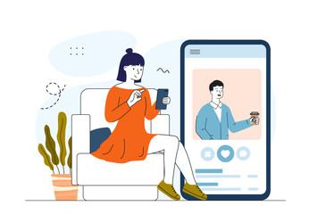 Woman surfing dating app. Woman installs miner on computer. Viruses and Internet Dangers, cybercrimes. Malware and phishing software. Online threat. Linear vector illustration