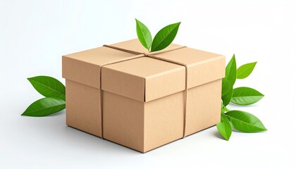 Eco-Friendly Packaging: Cardboard Box with Green Leaves