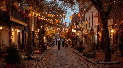 Naklejka premium A quaint small town street decorated for Thanksgiving, string lights, seasonal banners, people strolling, cozy evening atmosphere