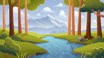 Forest river landscape. Woods on green lawn near water and mountain silhouettes. Trees and bushes in sunny day. Beautiful natural panorama. Cartoon vector illustration