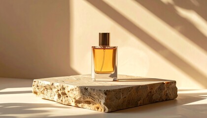 Amber Perfume Bottle on Stone Podium