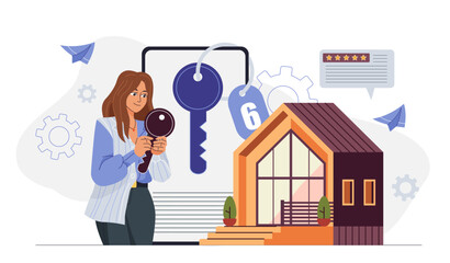 Woman books hotel. Young girl with key near cottage. Booking and room reservation, accommodation. Application for travelers and tourists. Rent apartment online. Flat vector illustration