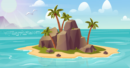 Island in ocean landscape. Palm trees on sandy beach near mountain. Tropical scene. Seagull flies near small island in ocean. Beautiful natural panorama. Cartoon vector illustration