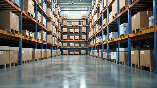 Warehouse Inventory: A clean, well-organized warehouse interior features tall racks stacked with boxes, highlighting efficient storage and logistics. The scene exudes an air of organized efficiency.