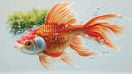 Fototapeta premium A red and white goldfish with orange scales, swimming in the water. The fish is surrounded by bubbles, giving it an ethereal appearance. It has long fins that resemble wings, creating motion as if flo