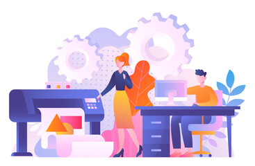 Printing industry workers. Man and woman near printer and copier. Printing house and typography. Employees print magazines and newspapers. Flat vector illustration