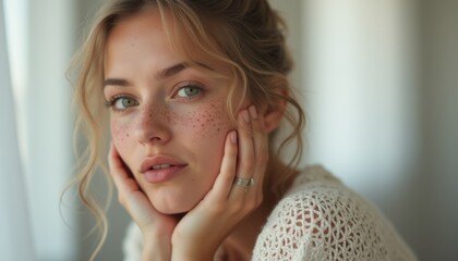 Thoughtful young woman with freckles resting her chin on her hands