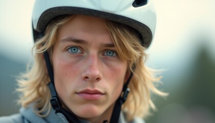 Focused young man in a helmet with striking blue eyes