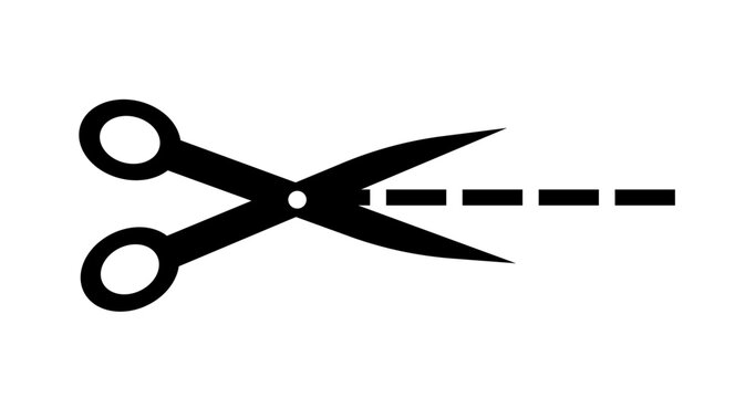 Scissors cut icon. Stainless silhouette of scissors cutting dotted line. Navigation for website. Sticker for papers and product packaging. Trim and cutoff. Flat vector illustration - Powered by Adobe