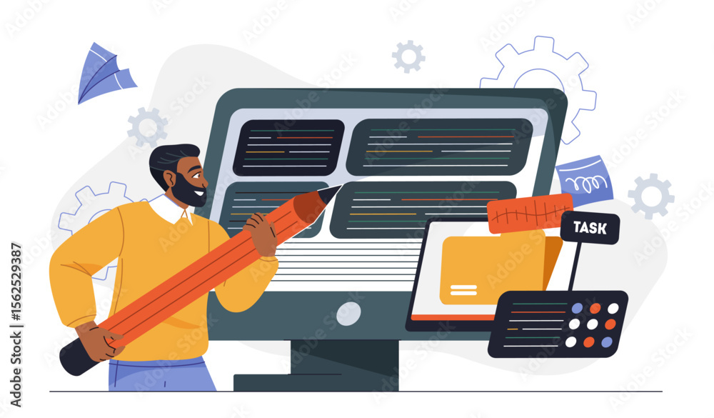 Fototapete software developer concept. man with pencil near computer screen with code. programmer and it specia