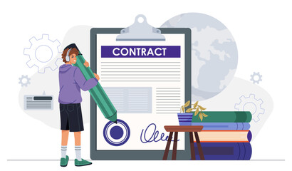 Man signing contract. Young guy with pen signs document. Businessman makes deal. Employee signs contract. Business agreement and deal. Collaboration and partnership. Flat vector illustration