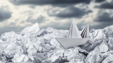 Paper boat amidst crumpled papers