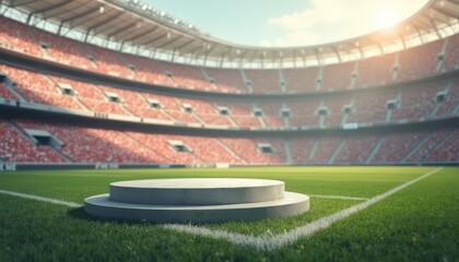 Empty podium on a vibrant soccer field in a grand stadium